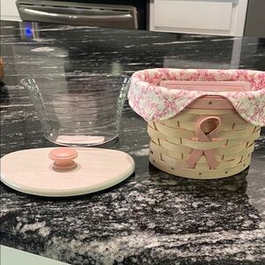 Longaberger Natural Basket with Pink Floral Liner and Pink Ribbon Accent